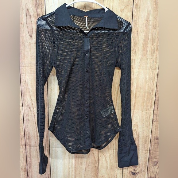 Free People Siggi Button Down Mesh‎ Fishnet Shirt Top S black NWOT - Picture 4 of 9